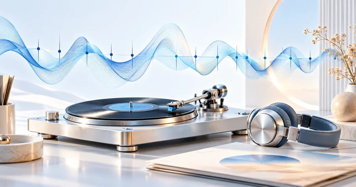 Blue-and-white music workstation with headphones and waveform displays